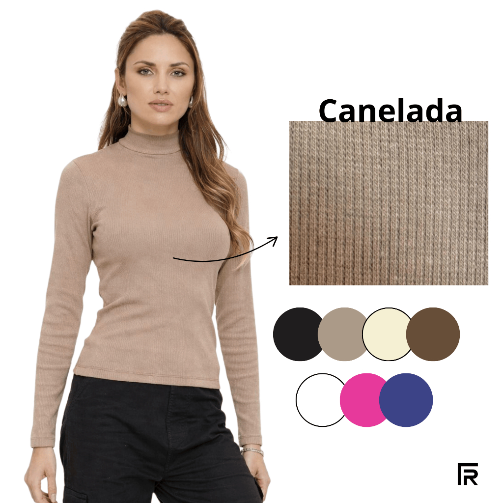 Blusa Manga Longa Gola Alta Cacharrel Canelada Feminina Básica 505245-C1 Blusa Manga Longa Gola Alta Cacharrel Canelada Feminina Básica 505245-C1