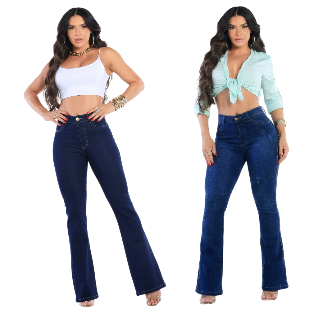 Kit 2 Calças Jeans Feminina Flare Levanta Bumbum Cos Alto Com Lycra Boca De Sino Kit 2 Calças Jeans Feminina Flare Levanta Bumbum Cos Alto Com Lycra Boca De Sino