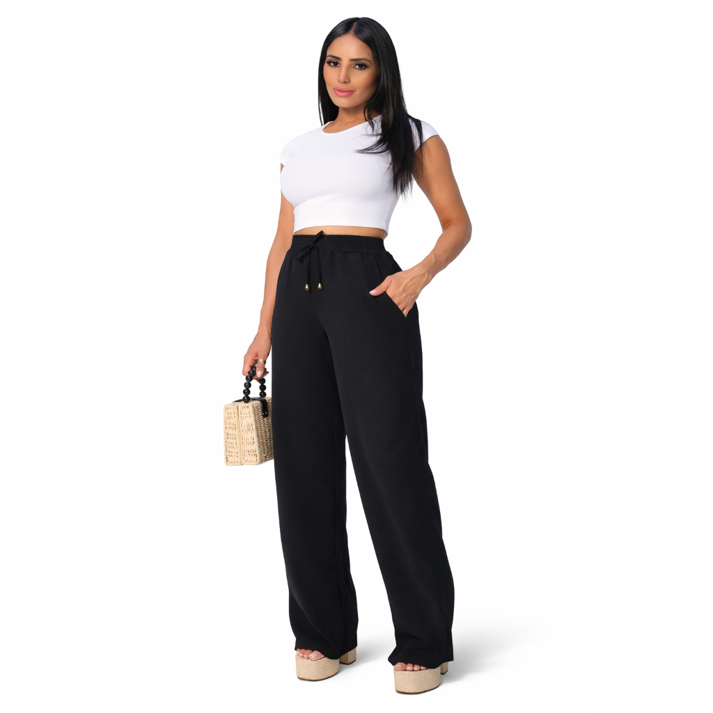 Calça Pantalona Feminina Cós Alto Bolsos Casual Premium Calça Pantalona Feminina Cós Alto Bolsos Casual Premium