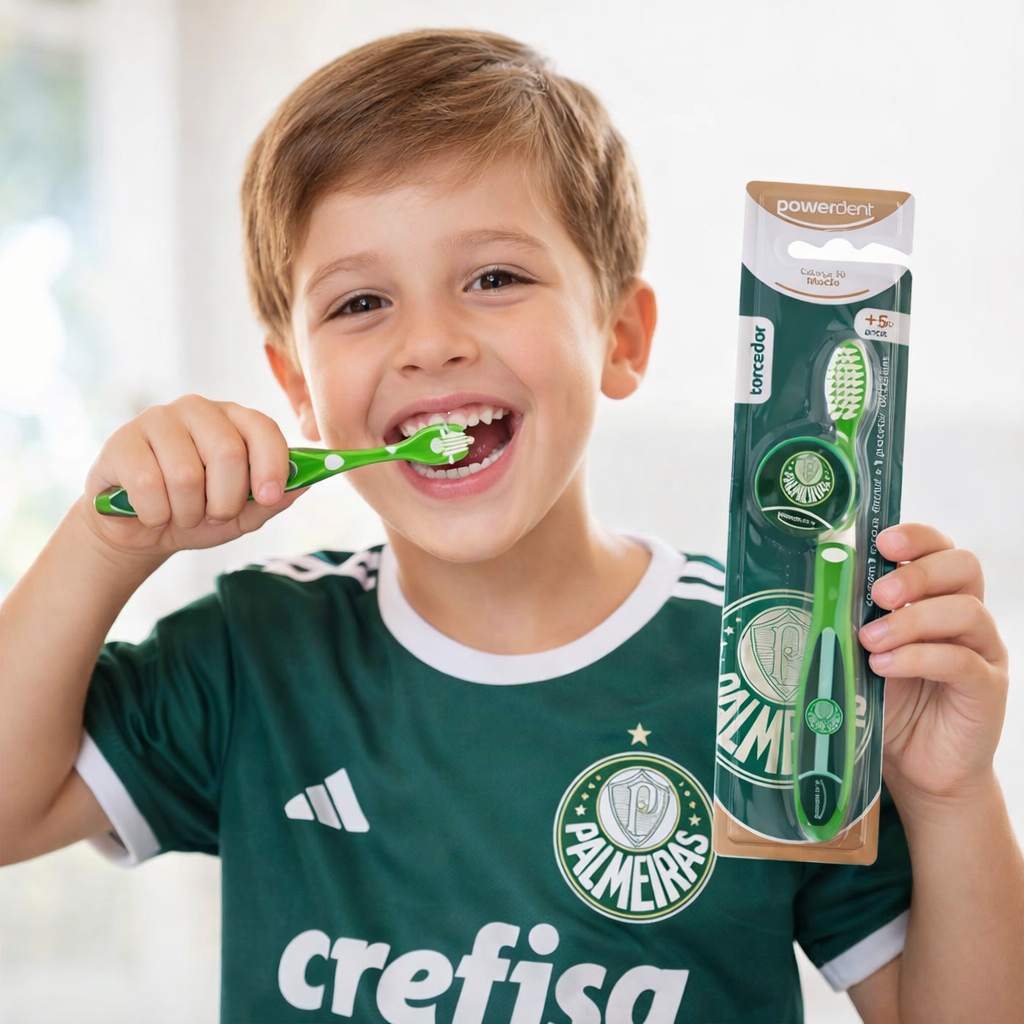 Escova Dental Infantil Kids Torcedor Palmeiras Cerdas Macias Powerdent Escova Dental Infantil Kids Torcedor Palmeiras Cerdas Macias Powerdent