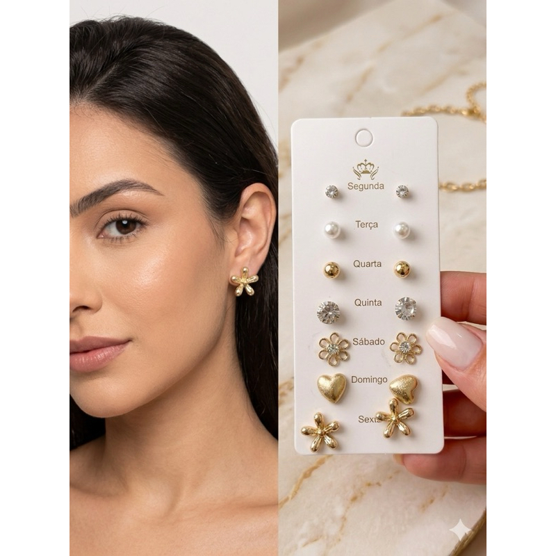 Kit Semaninha 7 Pares Brincos Semana Inteira Dourados Feminino Fofo Coração Pérola | Look Completo Kit Semaninha 7 Pares Brincos Semana Inteira Dourados Feminino Fofo Coração Pérola | Look Completo - Oferta na Shopee