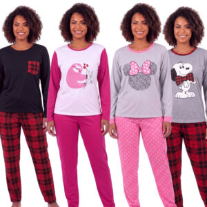 Pijama Feminino Longo Inverno Manga Longa Quentinho Estampado Adulto Conjunto Blusa Calça Malha Macio - Oferta na Shopee