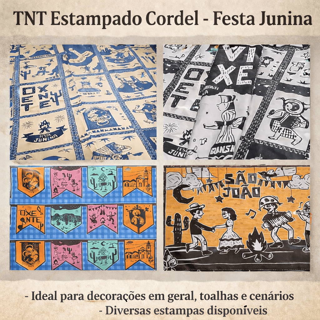 TNT Estampado Cordel Branco/Bege/Sertão - Painel (Tradição, Nordeste, Festa Junina) TNT Estampado Cordel Branco/Bege/Sertão - Painel (Tradição