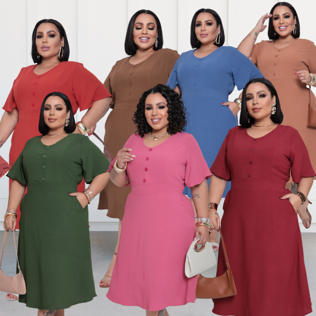 Vestido Feminino Midi Plus Size Com BOTÃO no Busto e com Lastex nas Costas e Bolsos Funcionais Vestido Feminino Midi Plus Size Com BOTÃO no Busto e com Lastex nas Costas e Bolsos Funcionais