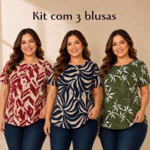 Blusa Feminina Plus Size Kit 3 Peças Estampadas Manga Curta Soltinha Confortável - Oferta na Shopee