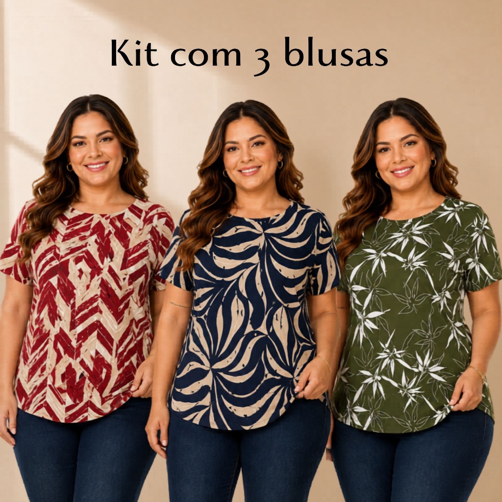 Blusa Feminina Plus Size Kit 3 Peças Estampadas Manga Curta Soltinha Confortável Blusa Feminina Plus Size Kit 3 Peças Estampadas Manga Curta Soltinha Confortável