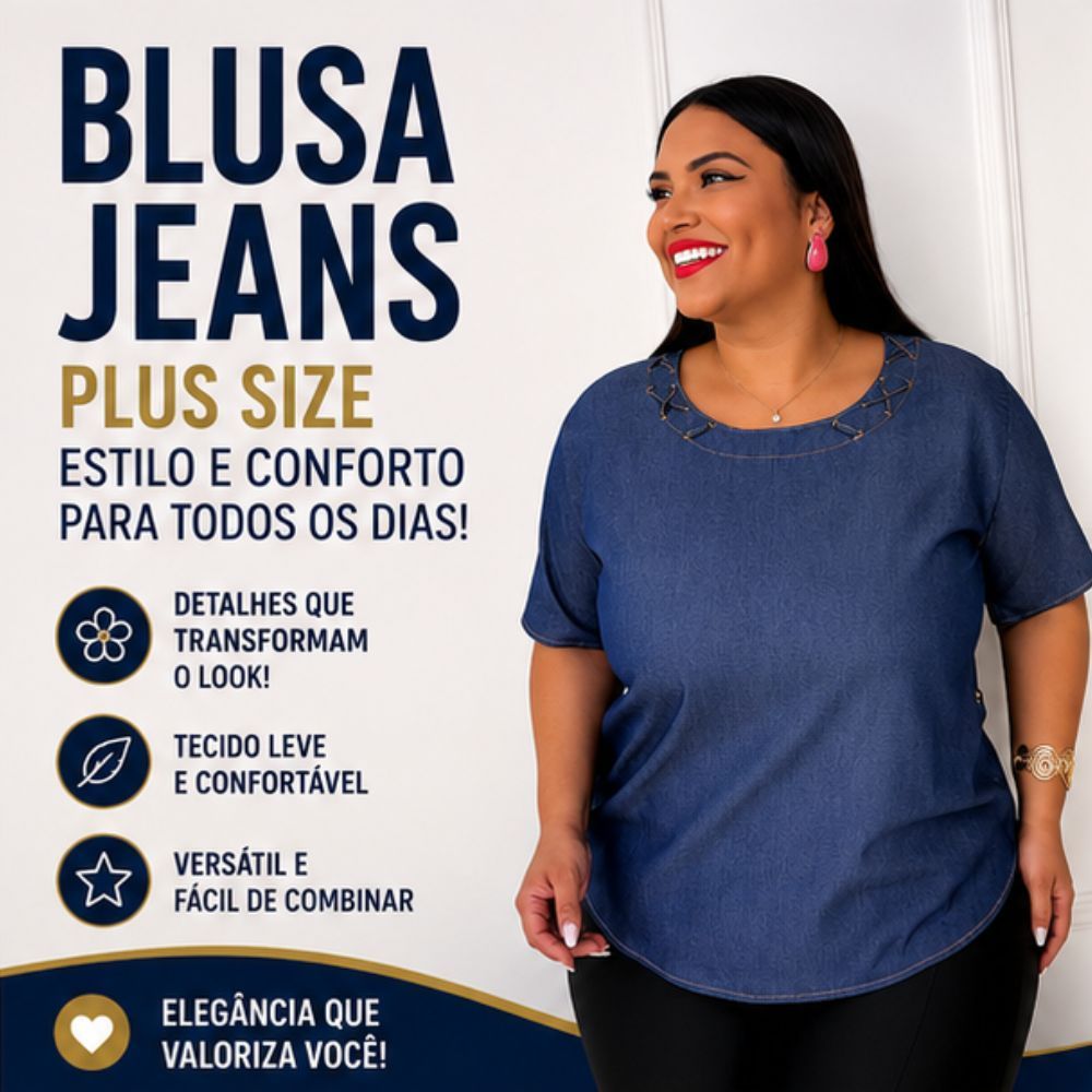 Blusa Feminina Plus Size Manga Jeans Tencel Com Trançado no Pescoço Cor Clara Escura P ao G2 Blusa Feminina Plus Size Manga Jeans Tencel Com Trançado no Pescoço Cor Clara Escura P ao G2