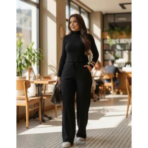 Conjunto Feminino Canelado Anarruga Manga Longa Gola Alta Calça Pantalona Cintura Alta Inverno Elegante Quentinho - Oferta na Shopee