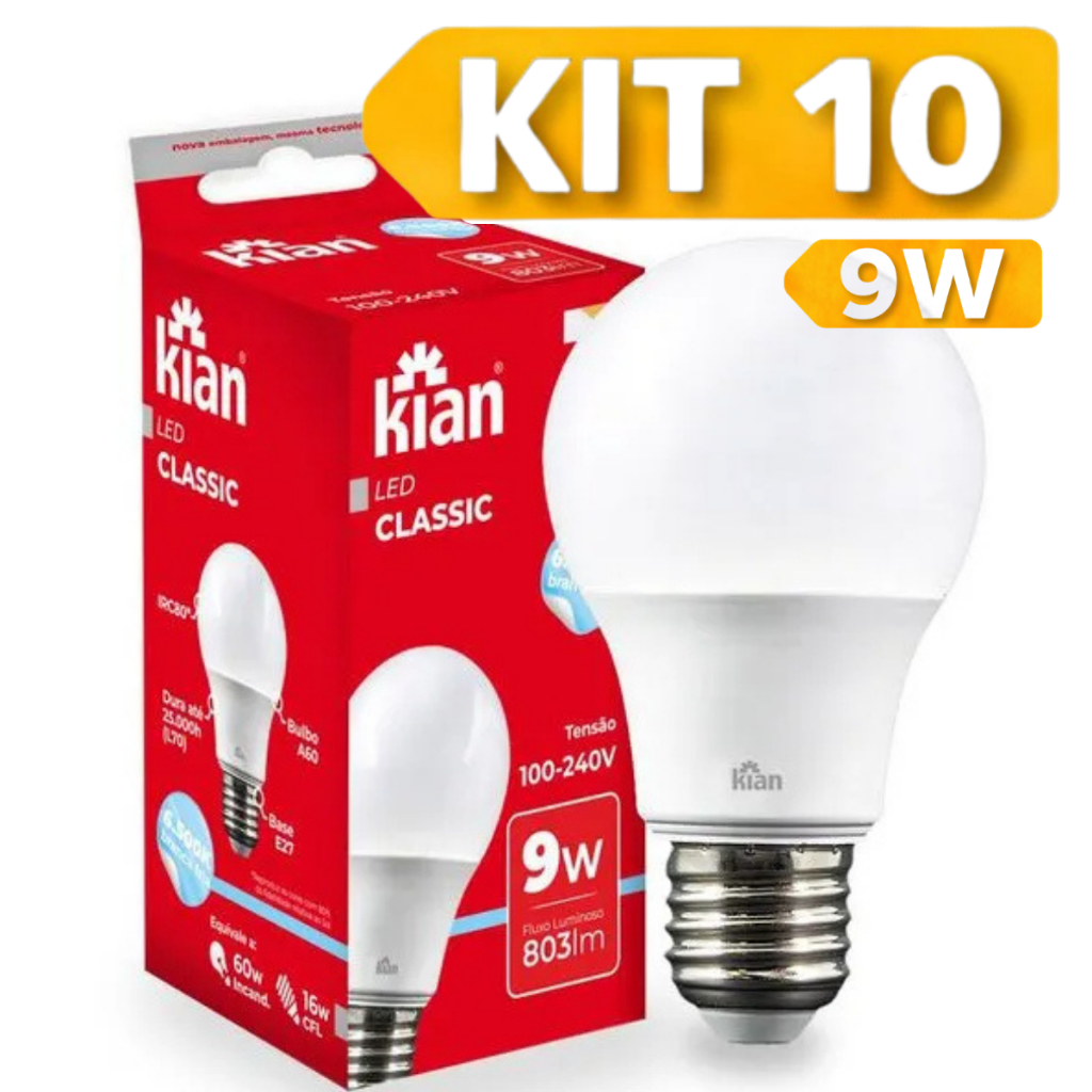 Kit 10 Lâmpadas LED Mundilux/KIAN 9W Bulbo Cor Branco Frio 6500K Alta Potência Kit 10 Lâmpadas LED Mundilux/KIAN 9W Bulbo Cor Branco Frio 6500K Alta Potência