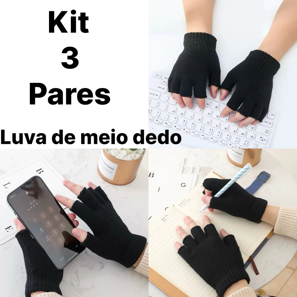 Kit 1- 3 pares luvas de meio dedo de lã antiderrapante Unissex Masculino e feminino para inverno frio Kit 1- 3 pares luvas de meio dedo de lã antiderrapante Unissex Masculino e feminino para inverno frio - Oferta na Shopee