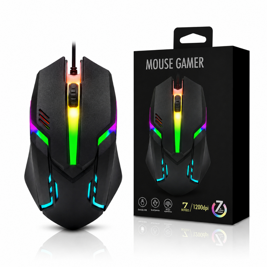 Mouse Gamer RGB USB LED Com Fio Ergonômico 1200 DPI Para PC Notebook Gamer Mouse Gamer RGB USB LED Com Fio Ergonômico 1200 DPI Para PC Notebook Gamer