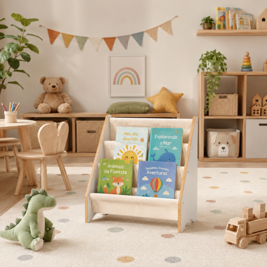 Porta Livro Infantil Montessori MDF com Bolsos em Tecido Organizador de Livros para Quarto Bebê Porta Livro Infantil Montessori MDF com Bolsos em Tecido Organizador de Livros para Quarto Bebê