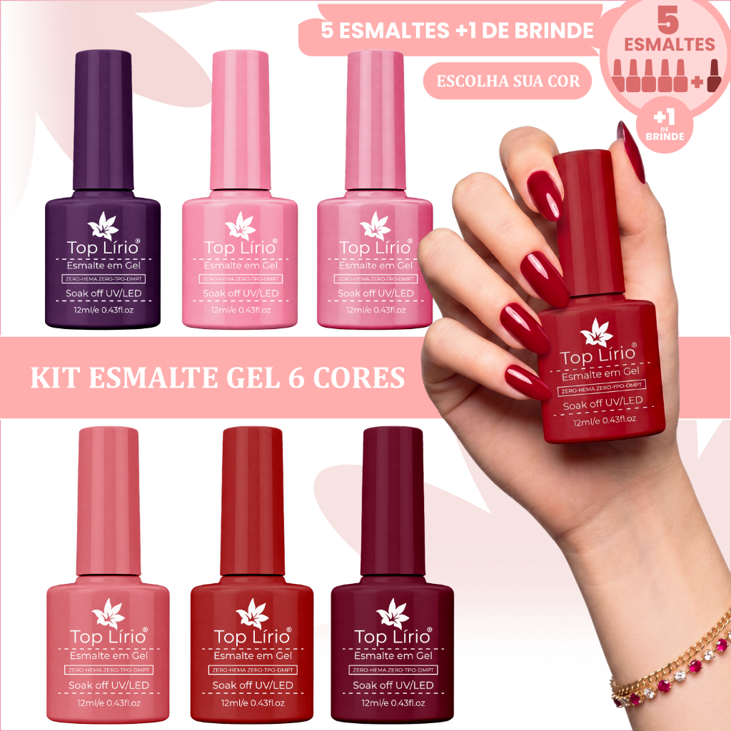 Kit 5 Esmaltes em Gel + 1 Esmalte Extra UV/LED 12ml Cores Sortidas para Unhas Zero HEMA Kit 5 Esmaltes em Gel + 1 Esmalte Extra UV/LED 12ml Cores Sortidas para Unhas Zero HEMA - Oferta na Shopee