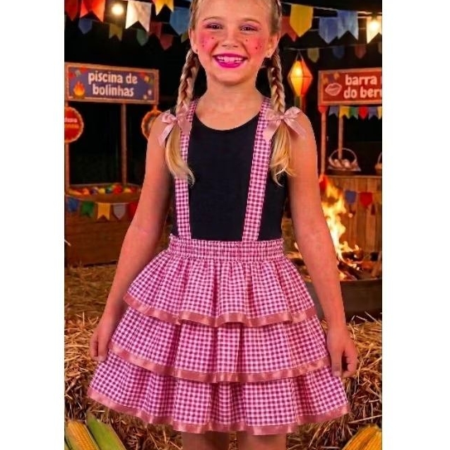 Saia Caipira junina com suspensórios rosa-cheinha estilosa acompanha lacinho Saia Caipira junina com suspensórios rosa-cheinha estilosa acompanha lacinho - Oferta na Shopee
