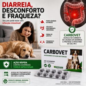 Antidiarreico Cães Gatos Carbovet Biofarm Combate Bactérias Toxinas Intestinais 10 Comprimidos - Oferta na Shopee