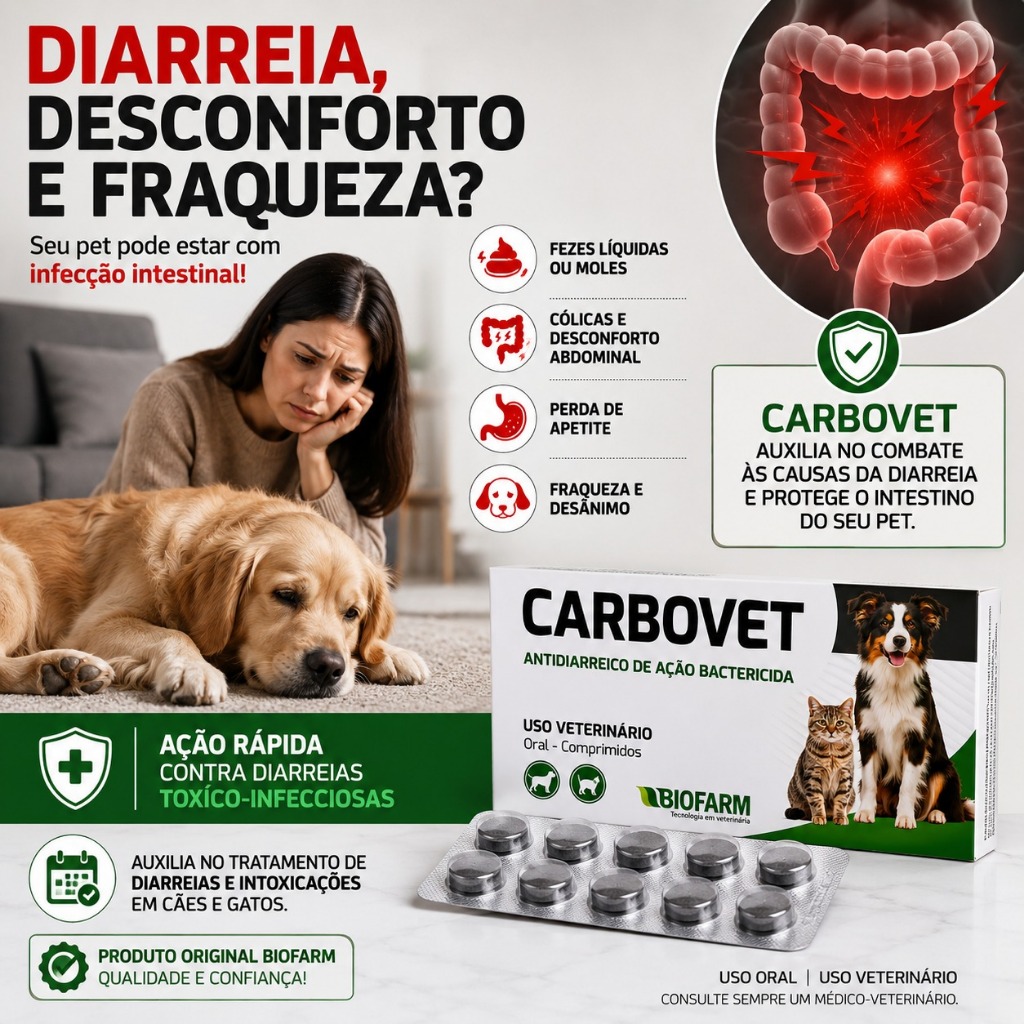 Antidiarreico Cães Gatos Carbovet Biofarm Combate Bactérias Toxinas Intestinais 10 Comprimidos Antidiarreico Cães Gatos Carbovet Biofarm Combate Bactérias Toxinas Intestinais 10 Comprimidos