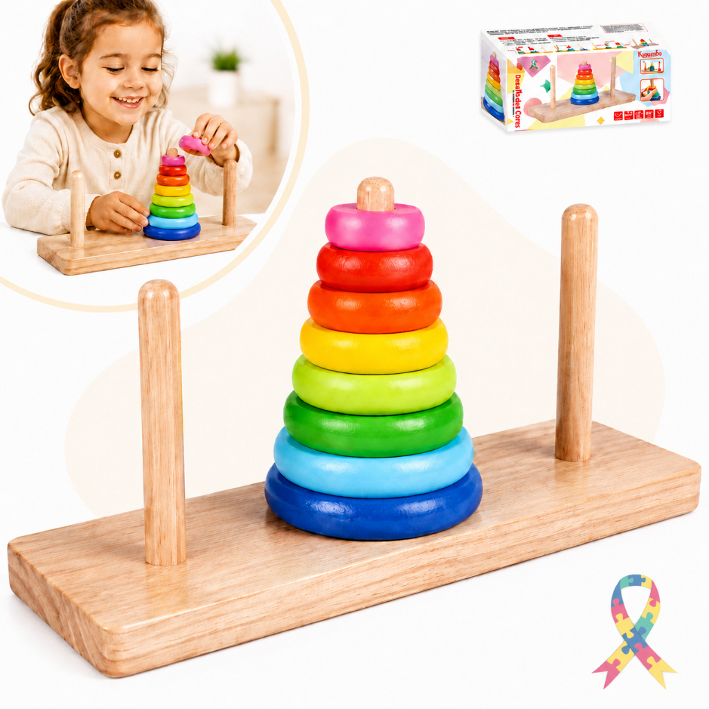 Brinquedo Pedagogico Torre De Hanoi Torre Empilhar Madeira Pinos Educativo Desafio Cores TEA Autismo Brinquedo Pedagogico Torre De Hanoi Torre Empilhar Madeira Pinos Educativo Desafio Cores TEA Autismo