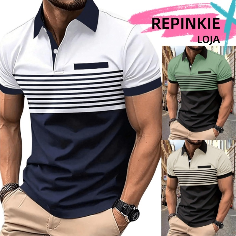 Camisa Polo Masculina Casual Botão De Manga Curta Listrada Com Blocos De Cores Camisa Polo Masculina Casual Botão De Manga Curta Listrada Com Blocos De Cores