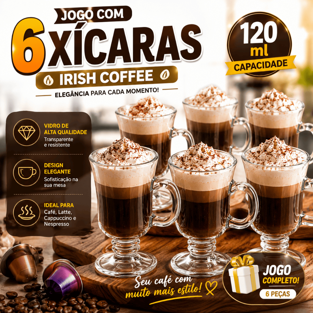 Jogo Conjunto 6 Xícaras Canecas Em Vidro Com Alça Irish Nespresso Coffee Café Latte Cappuccino 120ml Jogo Conjunto 6 Xícaras Canecas Em Vidro Com Alça Irish Nespresso Coffee Café Latte Cappuccino 120ml