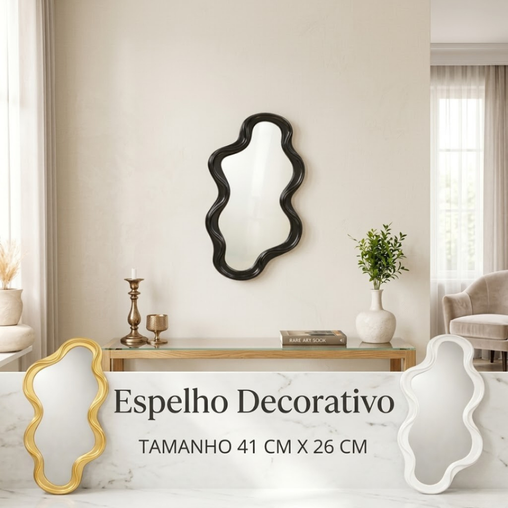 Espelho Decorativo Orgânico 41x26cm Moldura Ondulada Preto Branco Dourado Parede Sala Quarto Espelho Decorativo Orgânico 41x26cm Moldura Ondulada Preto Branco Dourado Parede Sala Quarto