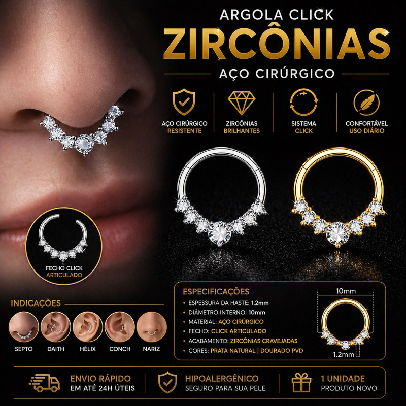 Piercing Argola Orelha Nariz Click Zircônia Aço Cirúrgico Septo Daith Hélix Conch Pedras Cravejadas Piercing Argola Orelha Nariz Click Zircônia Aço Cirúrgico Septo Daith Hélix Conch Pedras Cravejadas - Oferta na Shopee