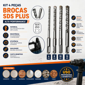 Kit Brocas SDS Plus 4 Peças 6 8 10 12mm Martelete Concreto Parede Alvenaria Profissional - Oferta na Shopee