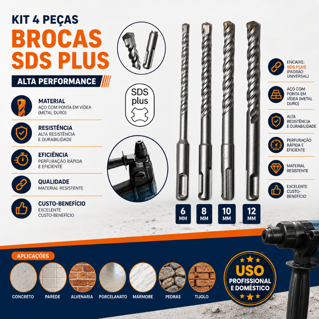 Kit Brocas SDS Plus 4 Peças 6 8 10 12mm Martelete Concreto Parede Alvenaria Profissional Kit Brocas SDS Plus 4 Peças 6 8 10 12mm Martelete Concreto Parede Alvenaria Profissional - Oferta na Shopee
