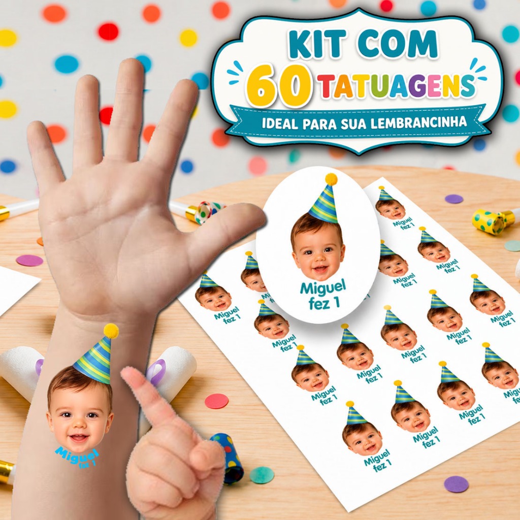 KIT 60 Tatuagens Temporarias Personalizadas para Aniversário KIT 60 Tatuagens Temporarias Personalizadas para Aniversário