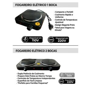 Fogareiro Fogão Chapa Cooktop Elétrico 2 Bocas 2000W ou 1 Boca 1200W 110V ou 220V - Oferta na Shopee