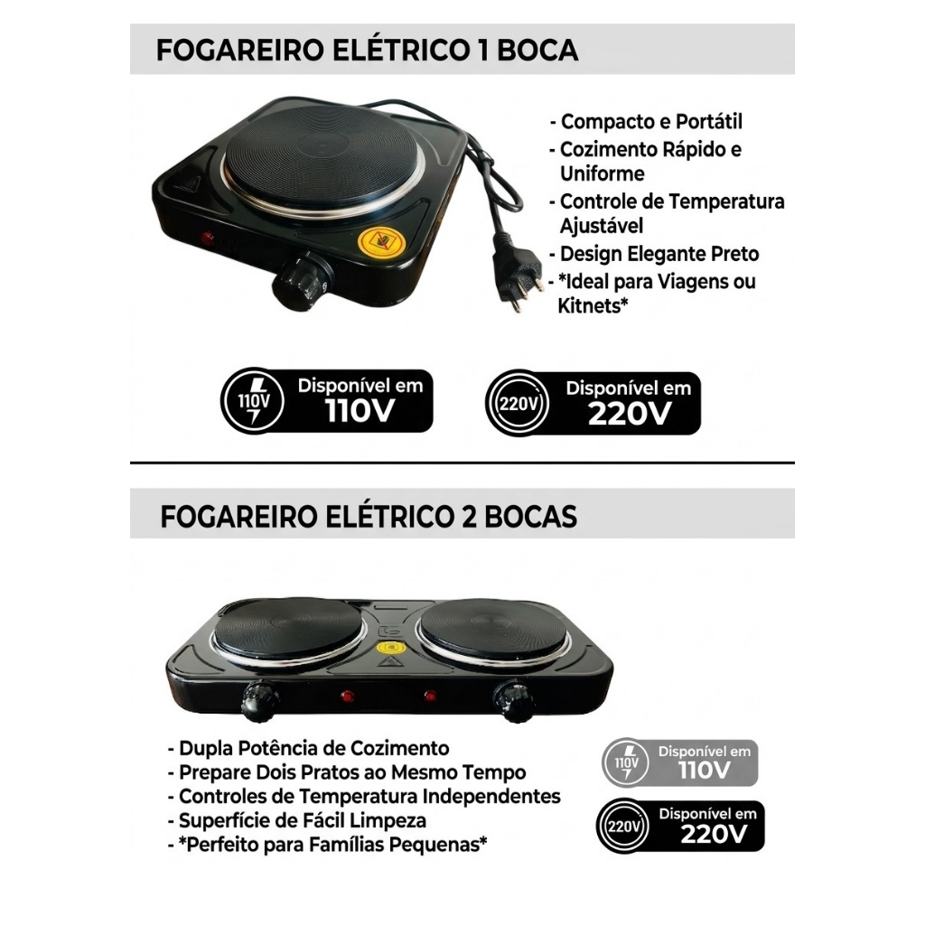 Fogareiro Fogão Chapa Cooktop Elétrico 2 Bocas 2000W ou 1 Boca 1200W 110V ou 220V Fogareiro Fogão Chapa Cooktop Elétrico 2 Bocas 2000W ou 1 Boca 1200W 110V ou 220V