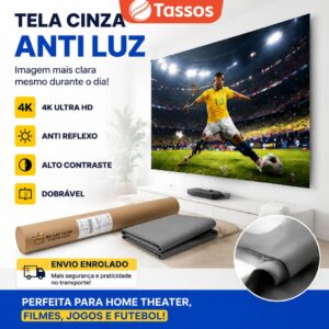 TASSOS Tela de Projeção Antirreflexo 80”/100” Dobrável 4K Full HD – Alto Contraste