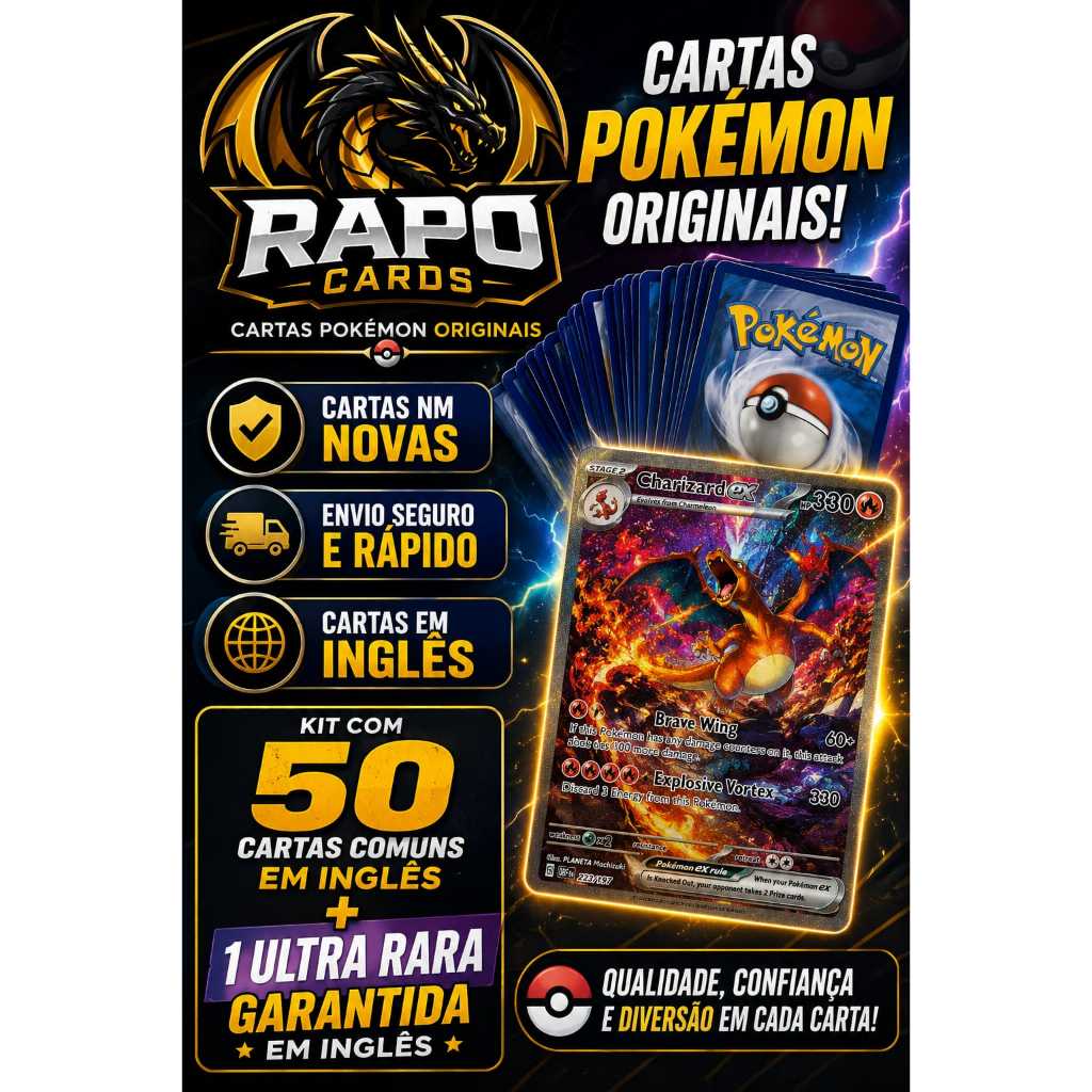 50 cartas comuns originais em inglês + 1 ex garantida em inglês 50 cartas comuns originais em inglês + 1 ex garantida em inglês