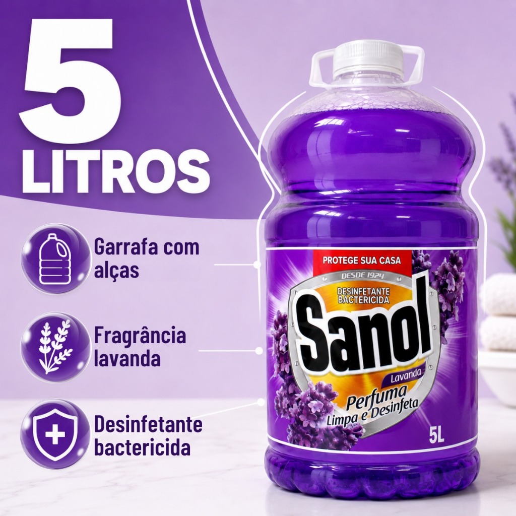 Desinfetante Sanol Lavanda 5L Concentrado Bactericida Piso Banheiro Cozinha Desinfetante Sanol Lavanda 5L Concentrado Bactericida Piso Banheiro Cozinha - Oferta na Shopee
