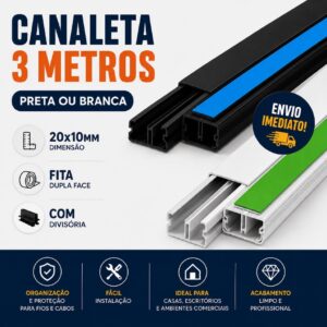 3 Metros Canaleta Organizador De Fios Preta Branca 20x10mm Sistema X Com Fita Adesiva E Divisoria - Oferta na Shopee