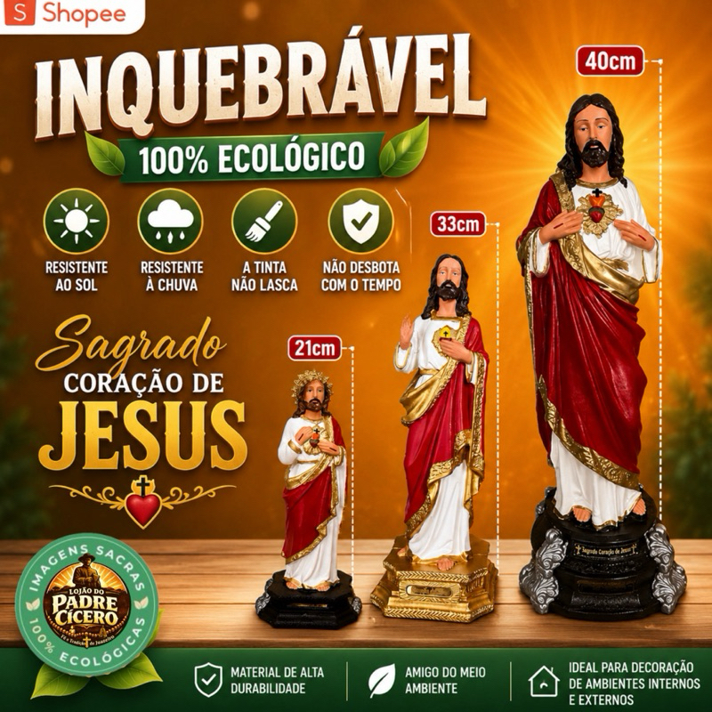 Imagem Sagrado Coração de Jesus 40cm, 33cm, 21cm e 15cm inquebrável borracha Imagem Sagrado Coração de Jesus 40cm