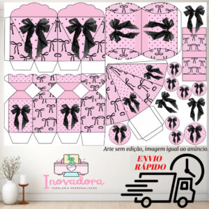 Kit com 75/150 itens lembrancinhas TEMA LAÇO PRETO COM ROSA (COM/SEM NOME) - Envio Rápido - Oferta na Shopee