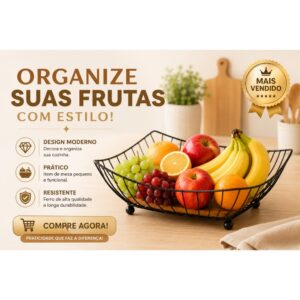 Fruteira de Mesa Quadrada feita com metal e Base de Madeira - Moderna