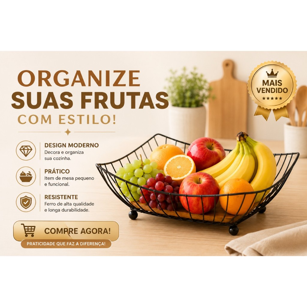 Fruteira de Mesa Quadrada feita com metal e Base de Madeira – Moderna, Elegante, Prática Fruteira de Mesa Quadrada feita com metal e Base de Madeira – Moderna, Elegante, Prática