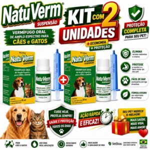 Kit C/ 2 Vermífugo Natu Verm Suspensão 20ml - Liquido para Pet Cães e Gatos - Oferta na Shopee