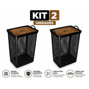 Kit 2 Cesto Organizador 49 Litros Telado Tampa  Label Madeira - Banheiro e Lavanderia - Oferta na Shopee