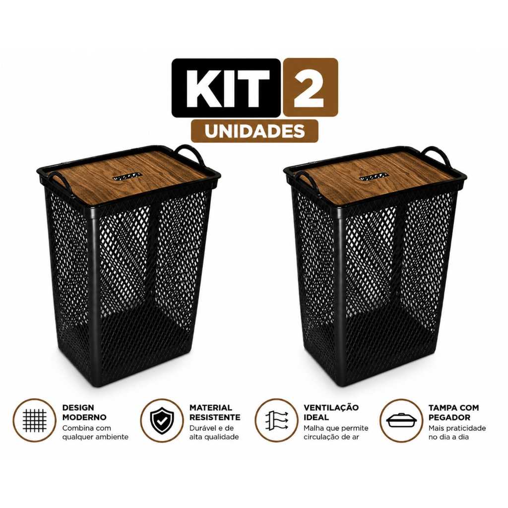 Kit 2 Cesto Organizador 49 Litros Telado Tampa Label Madeira - Banheiro e Lavanderia Kit 2 Cesto Organizador 49 Litros Telado Tampa Label Madeira - Banheiro e Lavanderia - Oferta na Shopee