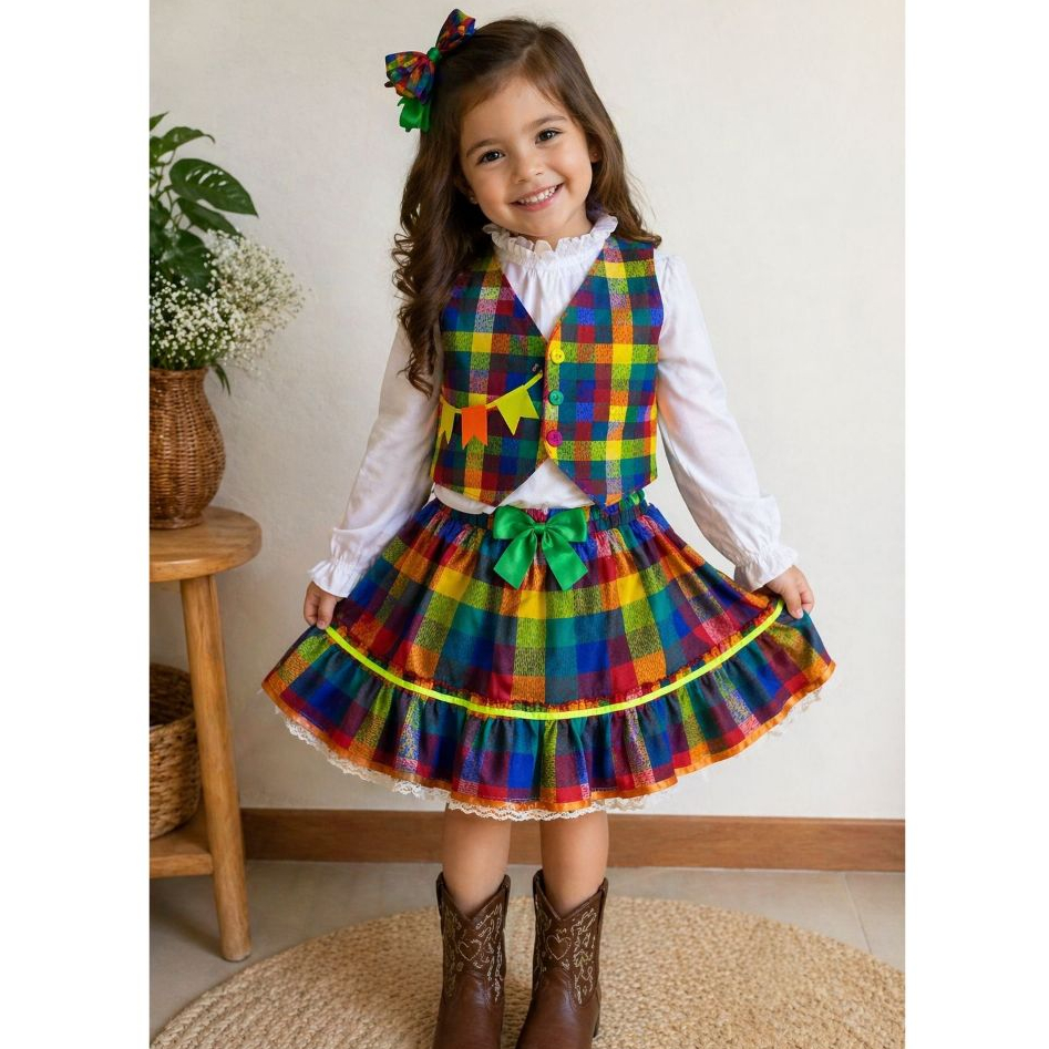 Conjunto Junino Saia e Colete Xadrez Menina Festa Junina Arraial São João Conjunto Junino Saia e Colete Xadrez Menina Festa Junina Arraial São João - Oferta na Shopee