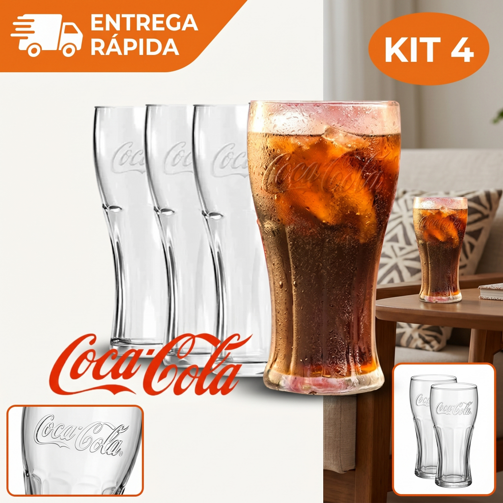 Kit jogo de 4 Copos de Coca-cola 300ml Contour Nadir Vidro Transparente – premium Kit jogo de 4 Copos de Coca-cola 300ml Contour Nadir Vidro Transparente – premium