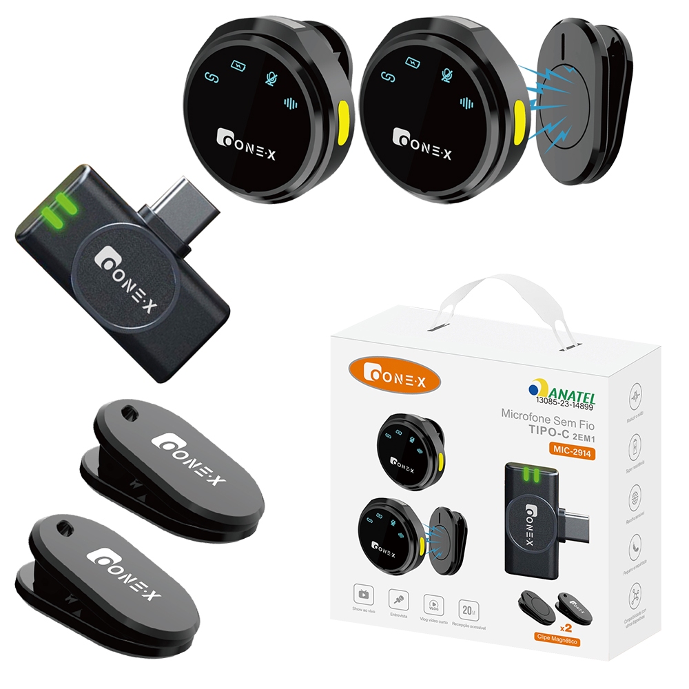 ONEX Microfone Lapela Sem Fio 2 em 1 para Celular Lightning com Redução de Ruído Duais discos sem fio ONEX Microfone Lapela Sem Fio 2 em 1 para Celular Lightning com Redução de Ruído Duais discos sem fio