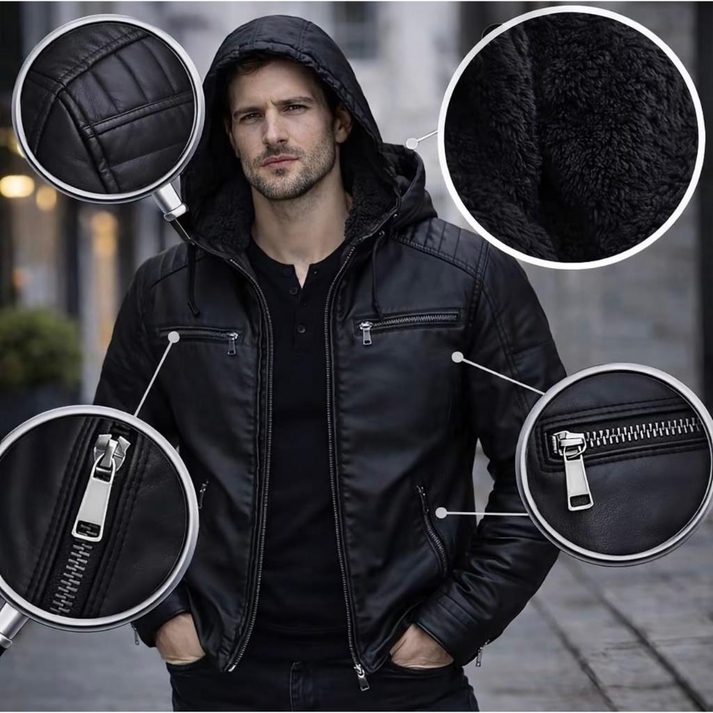 JAQUETA MASCULINA COURO FORRADA COM PELINHO CAPUZ REMOVIVEL INVERNO JAQUETA MASCULINA COURO FORRADA COM PELINHO CAPUZ REMOVIVEL INVERNO