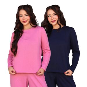 Kit 2 Conjuntos Pijama Feminino Manga Longa Liso Adulto Novas Cores - Oferta na Shopee