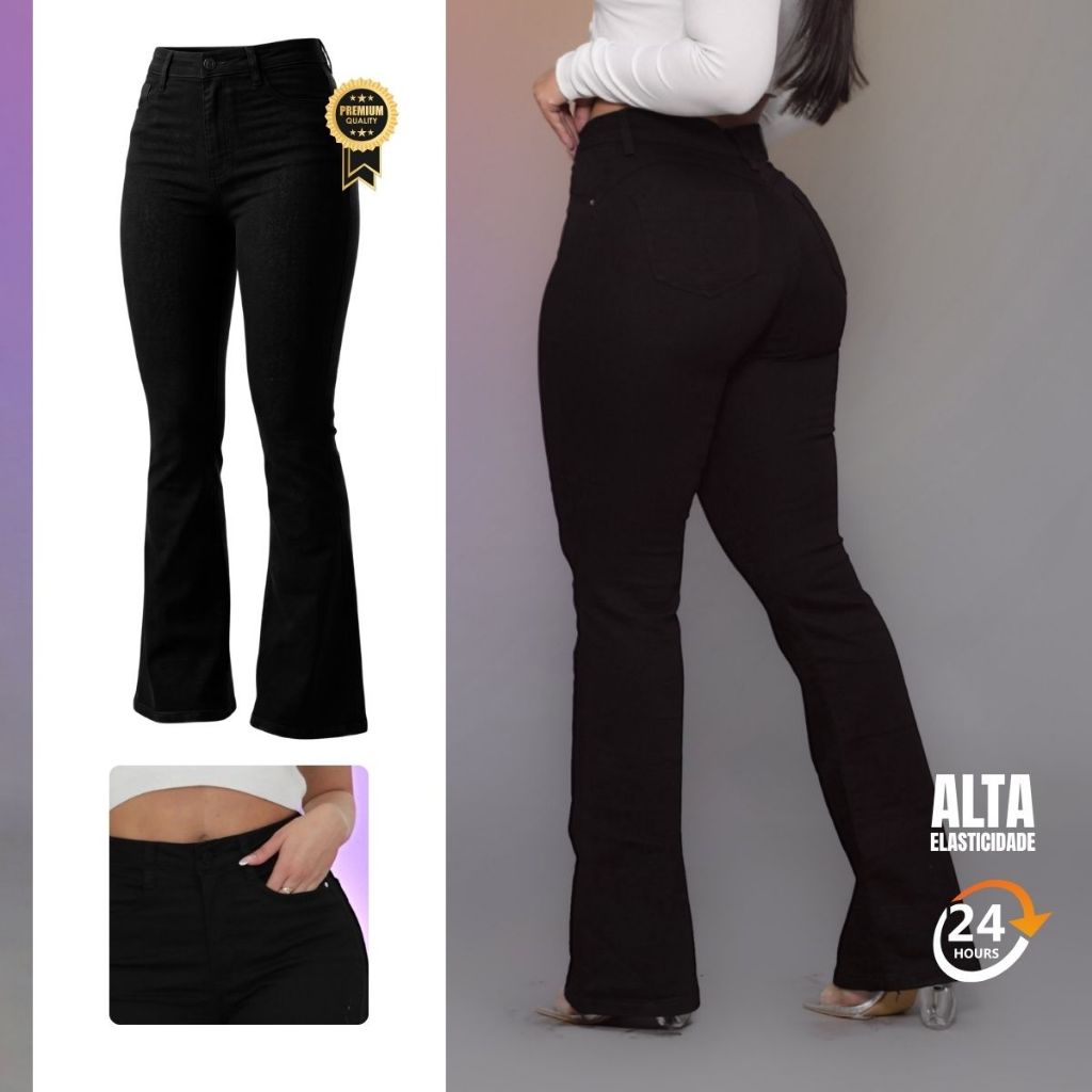 Calça Flare Jeans Feminina Cintura Alta 4 Bolsos Boca Larga com Elastano Premium Calça Flare Jeans Feminina Cintura Alta 4 Bolsos Boca Larga com Elastano Premium - Oferta na Shopee