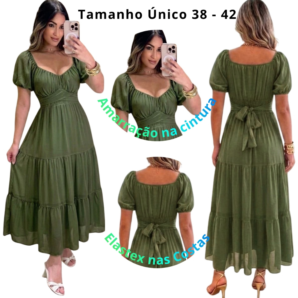 Vestido Em Chiffon Feminina Midi Com Manga Curta, Amarra na Cintura (MODA ELEGANTE) Vestido Em Chiffon Feminina Midi Com Manga Curta, Amarra na Cintura (MODA ELEGANTE)