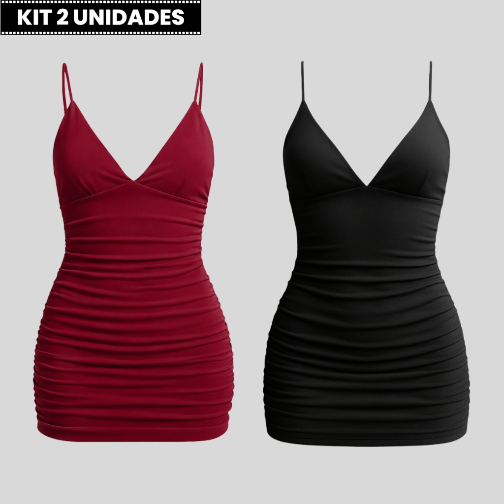 Kit 2 Vestidos Femininos Curtos Tubinho Franzido Lateral com Alça Fina – Estilo em Dobro Kit 2 Vestidos Femininos Curtos Tubinho Franzido Lateral com Alça Fina – Estilo em Dobro