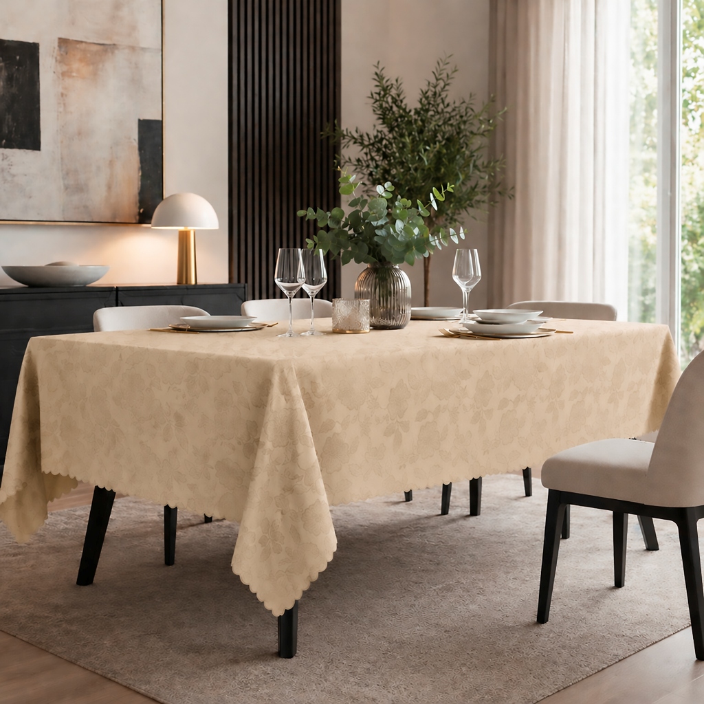 Toalha de Mesa Impermeável - Bege/Branca - 4, 6 ou 8 Lugares - ACABAMENTO A LASER Toalha de Mesa Impermeável - Bege/Branca - 4